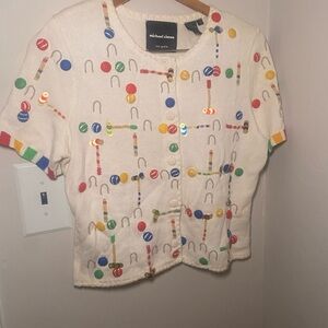 Michael Simon Colorful Button-Up Short sleeve sweater “Croquette” beaded vintage